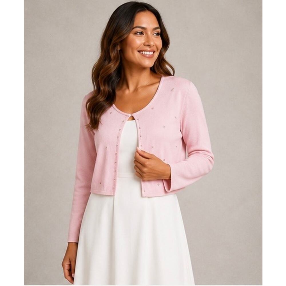 Pink Beaded Floral Cropped Cardigan Sweater | Women’s Size 10, Soft Girl Era